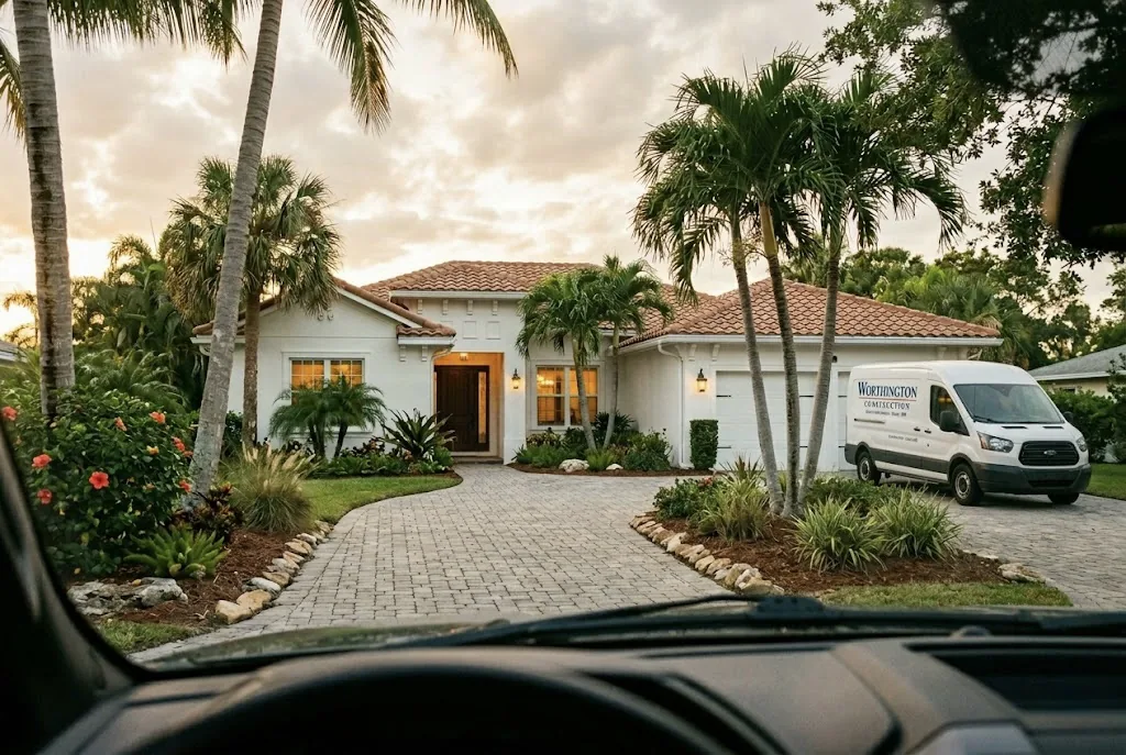 Florida coastal home at dusk with palm trees and the Worthington Construction van in the driveway — a stop on Geoff's property-management rounds
